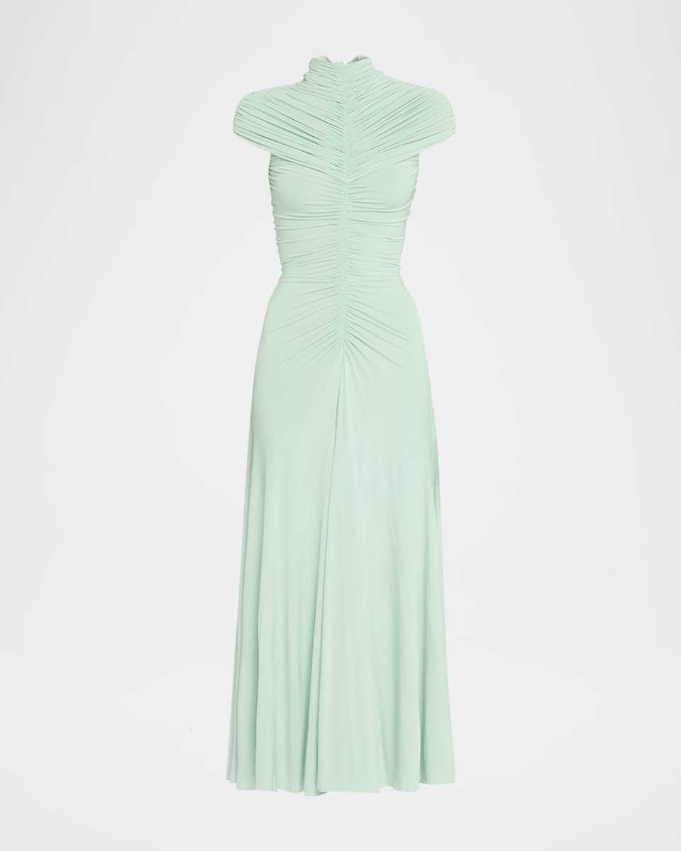 Long High-Neck Ruched Dress